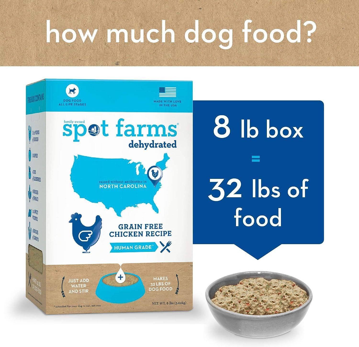 A box of Spot Farms Human Grade Dog Food, showing the amount of dog food inside.