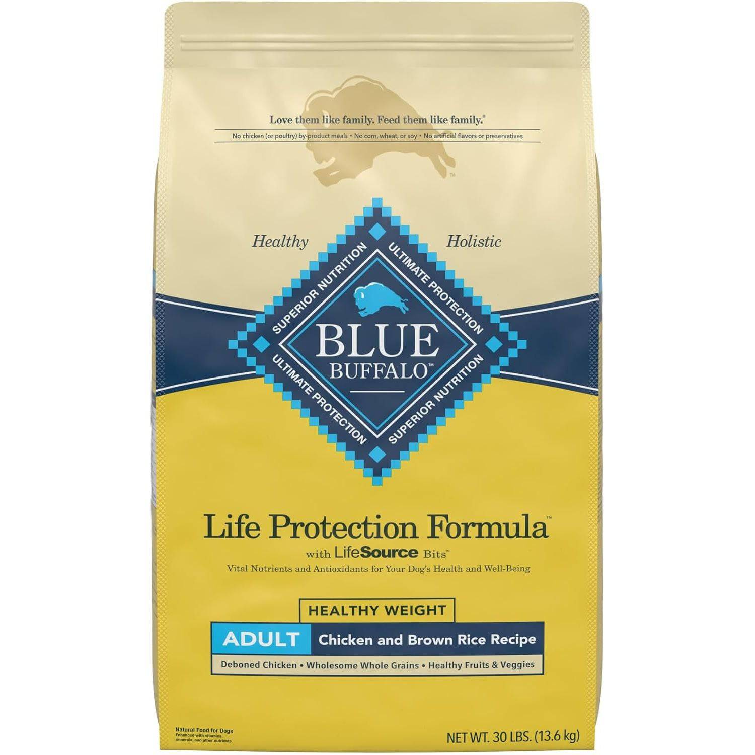 A bag of Blue Buffalo Life Protection Formula dry dog food for adult dogs with Healthy Weight Chicken and Brown Rice Recipe, 30 pounds.