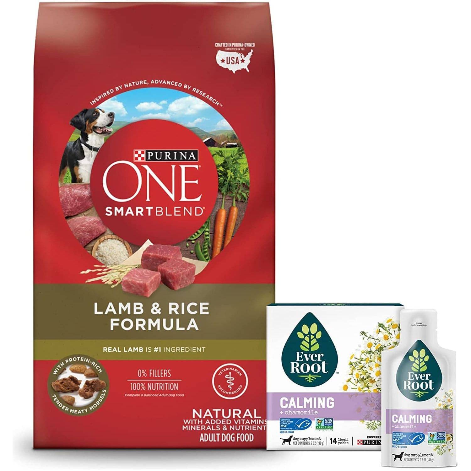 A bag of Purina One SmartBlend Lamb & Rice Formula dog food with images of fresh meat, carrots, and rice on the packaging. The bag has labels stating "Real lamb is #1 Ingredient, 0% fillers, 100% nutrition" and "Natural with added vitamins, minerals & nutrient." Beside the bag is a box and bottle of Ever Root Calming supplement with chamomile for dogs.