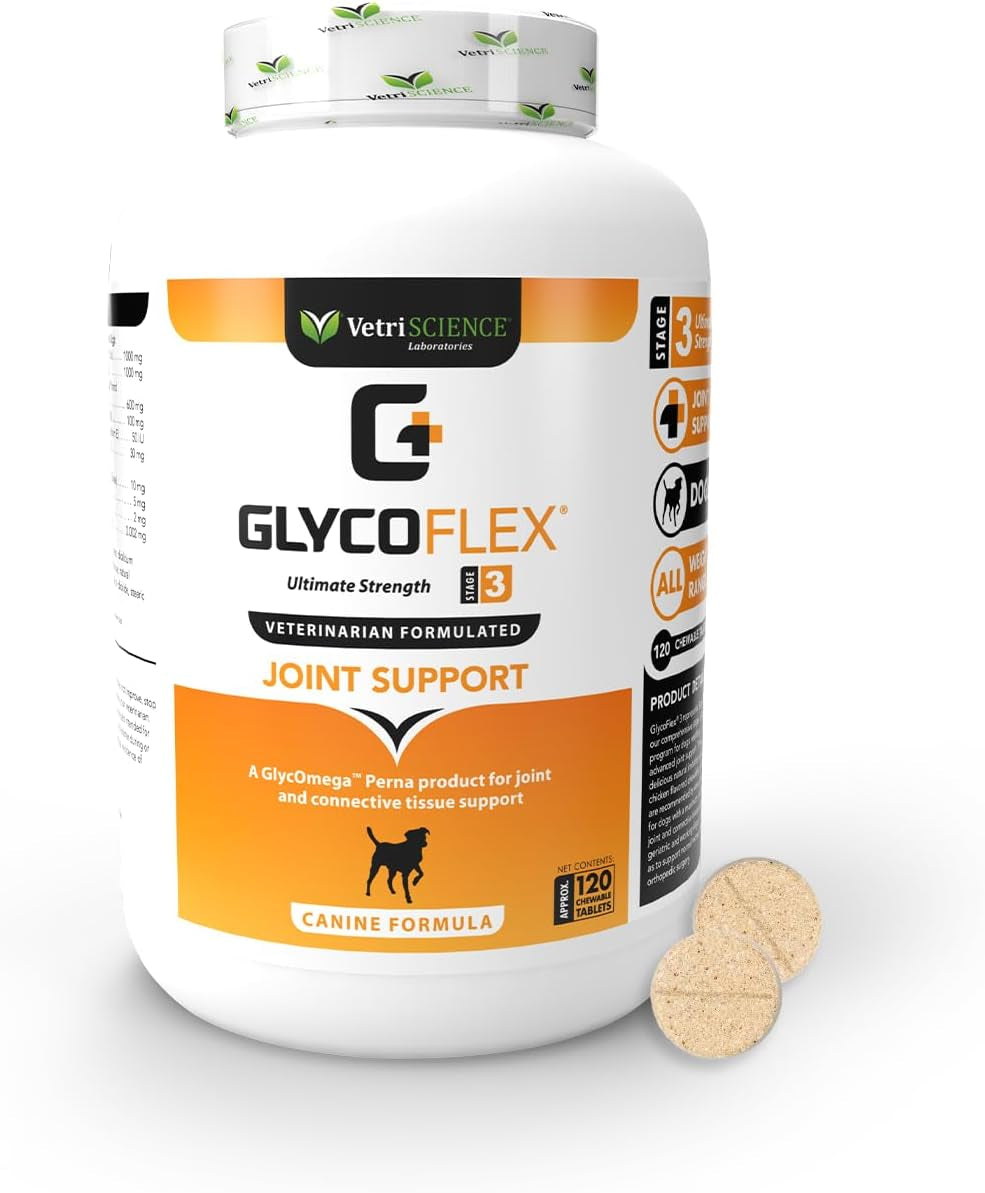 Vetriscience Glycoflex 3 Clinically Proven Hip and Joint Supplement for Dogs - Maximum Strength Dog Supplement with Glucosamine, MSM, Green Lipped Mussel & DMG - 120 Chews, Chicken Flavor​