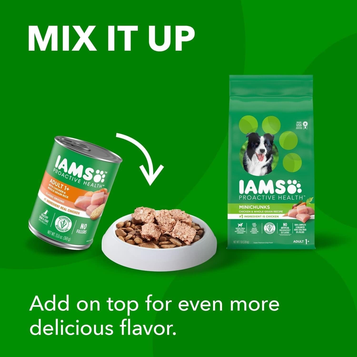 An advertisement for IAMS Proactive Health Adult dog food, with a can of wet food and a bag of dry kibble, suggesting to mix the two together in a bowl for added flavor for dogs.