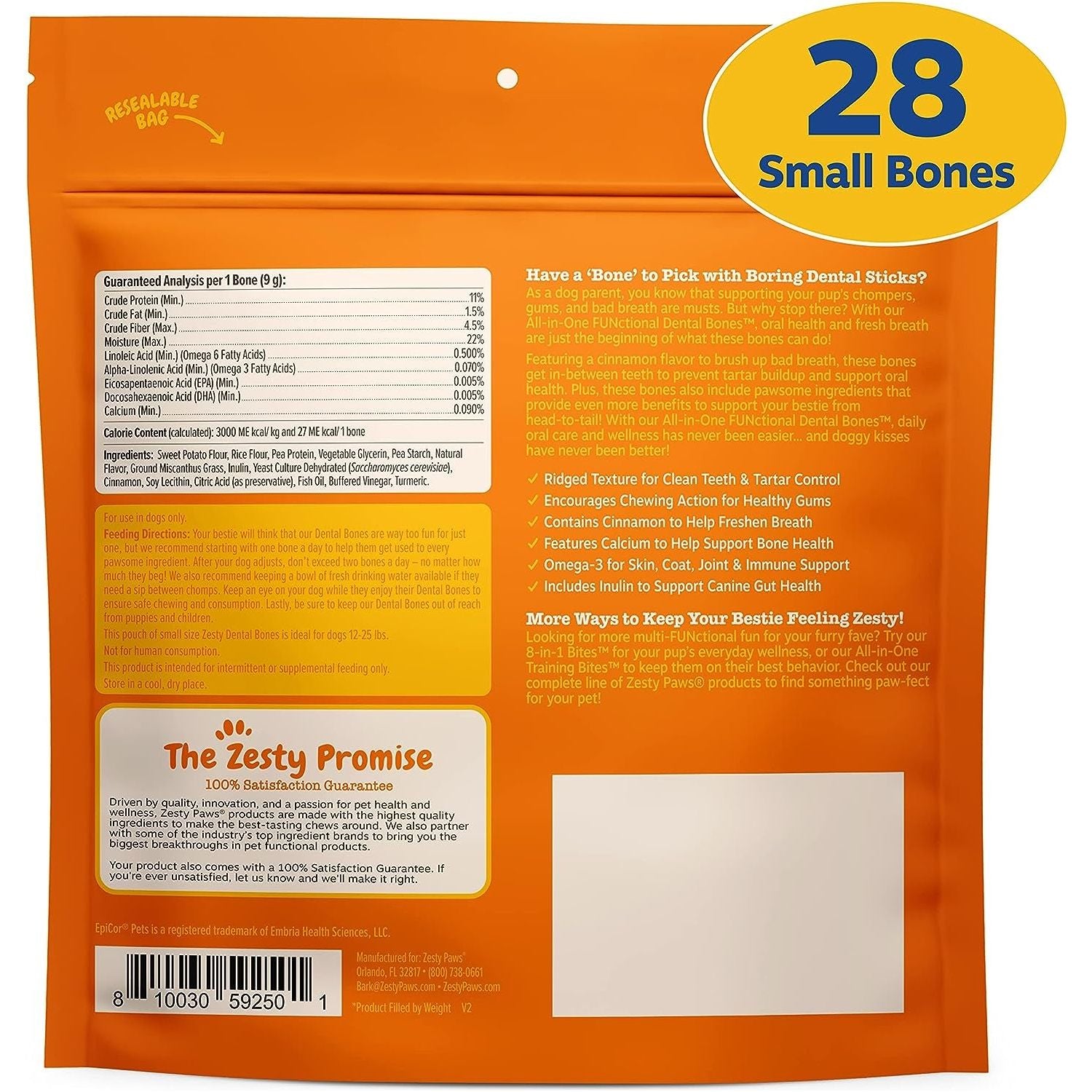 Zesty Paws Dental Bones for Small Dogs - Fights Tartar & Plaque - Gum, Teeth & Bone Health - Cinnamon for Dog Breath - Immune, Joint, Gut, Skin & Coat Support - Omega 3 EPA & DHA & Calcium - 28 Ct - HappyTails