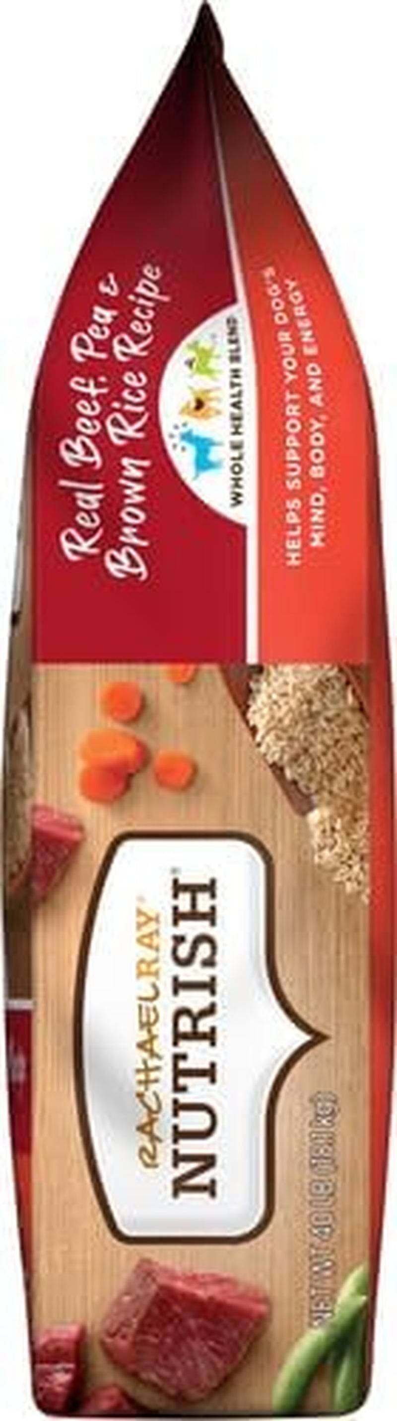 A dog food package shaped like a canoe's hull with "Red Beef & Brown Rice Recipe" written on the side and images of carrots, beef, and green beans scattered around the bottom.