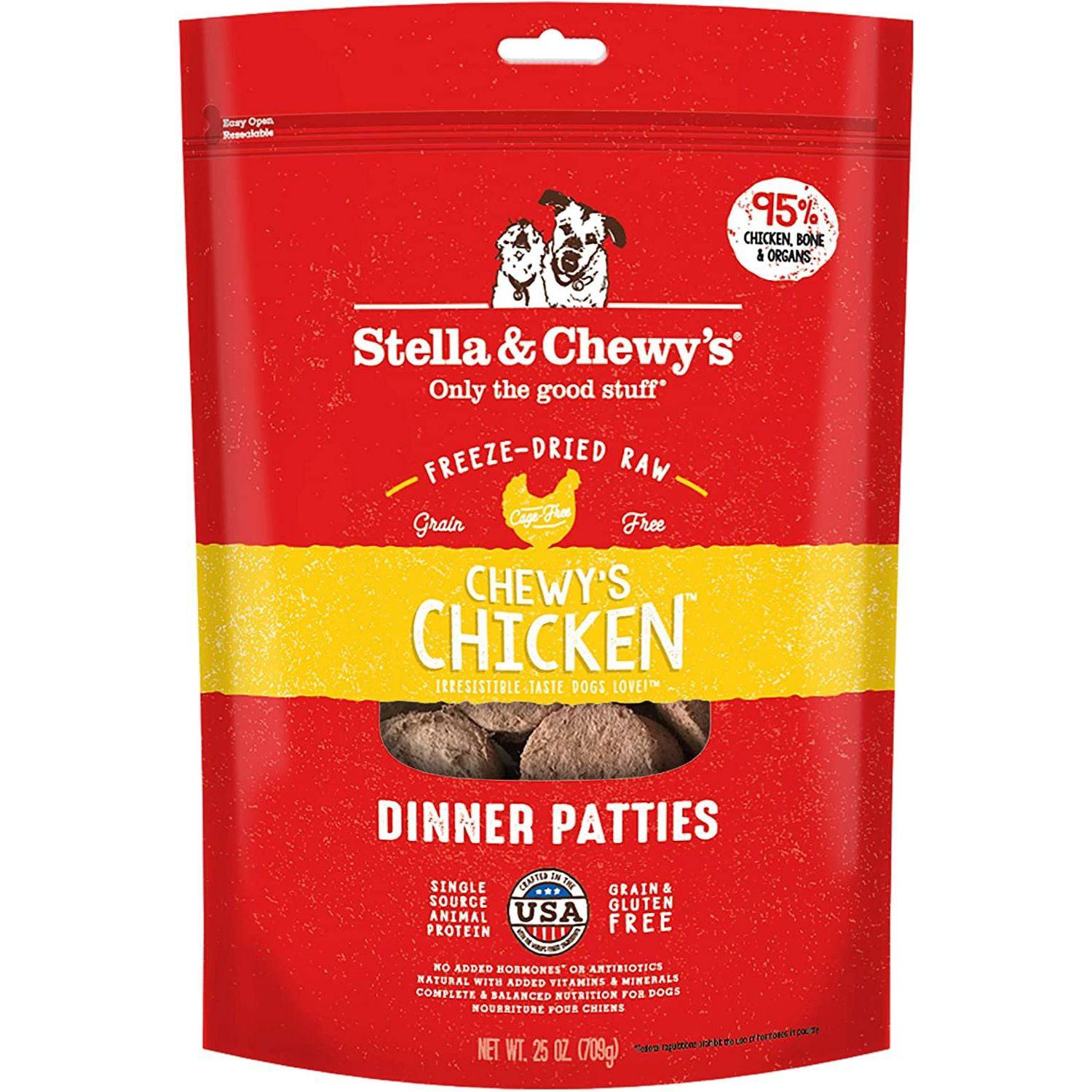 A red package of Stella & Chewy's Freeze Dried Patties Chicken Dinner Patties for dogs, made with 95% chicken, organs, and bone, grain and gluten-free, with no added hormones or antibiotics.