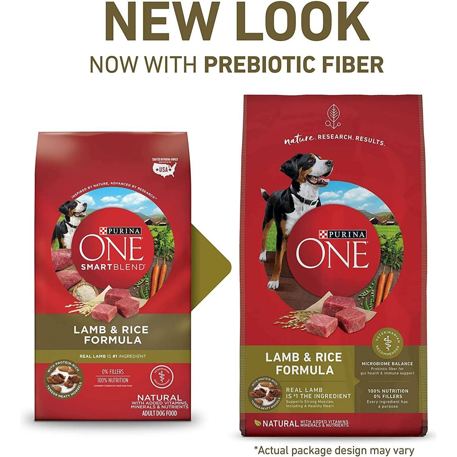 Two packages of Purina ONE SmartBlend Lamb & Rice Formula dog food with a "New Look" and "Now with Prebiotic Fiber" labels. The left package has images of raw lamb cuts and vegetables, while the right package features a black and white dog with a farm background. Both packages emphasize natural ingredients, 100% nutrition with real lamb as the first ingredient, and no fillers. A disclaimer at the bottom notes that the actual package design may vary.