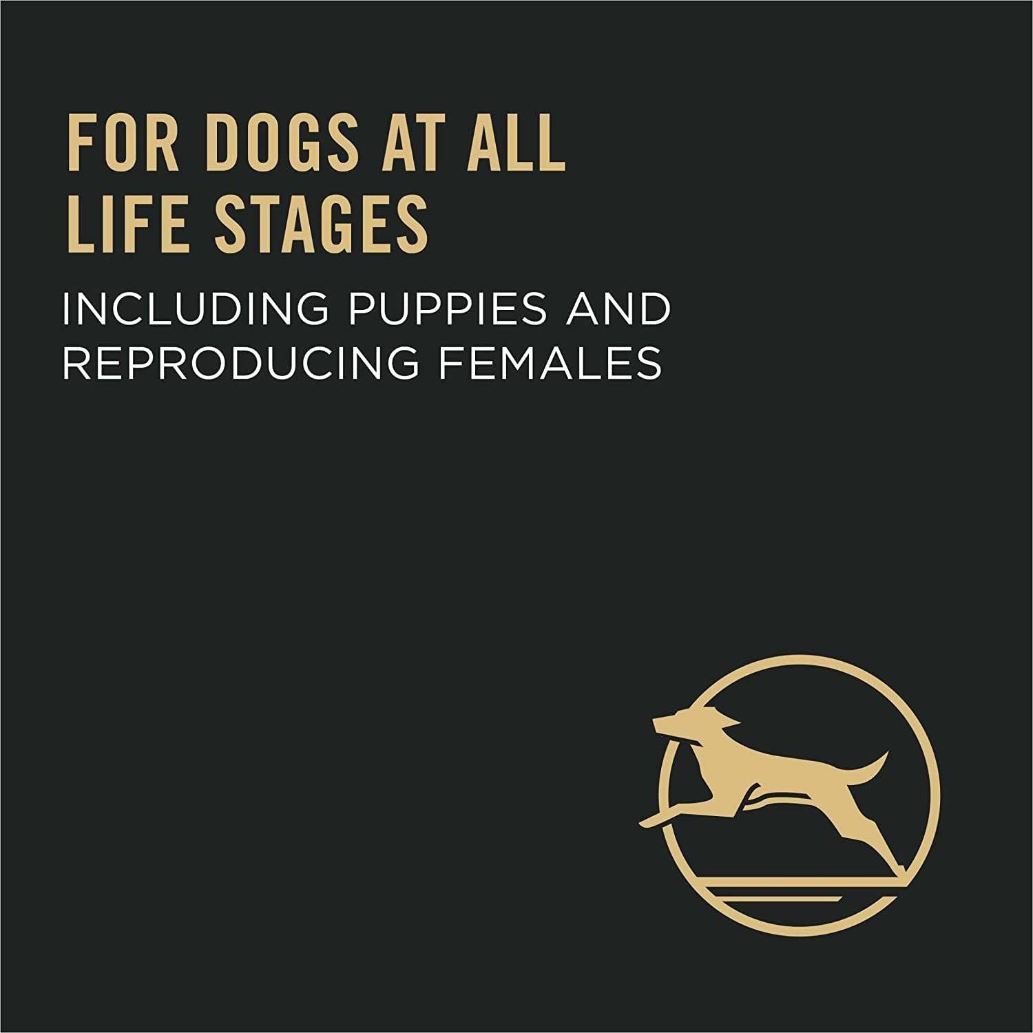 Text on a dark background reads "For dogs at all life stages including puppies and reproducing females" with a gold logo of a dog running inside a circle below the text.