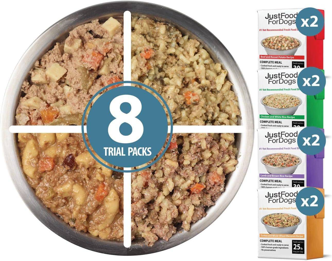 A bowl divided into four sections, each containing different types of dog food, overlaid by a circle with the number '8 Trial Packs'. Beside the bowl, images of packaged 'JustFoodForDogs' in various recipes like Beef and Russet Potato, and Chicken and White Rice, each marked with 'x2' indicating the quantity of trial packs.