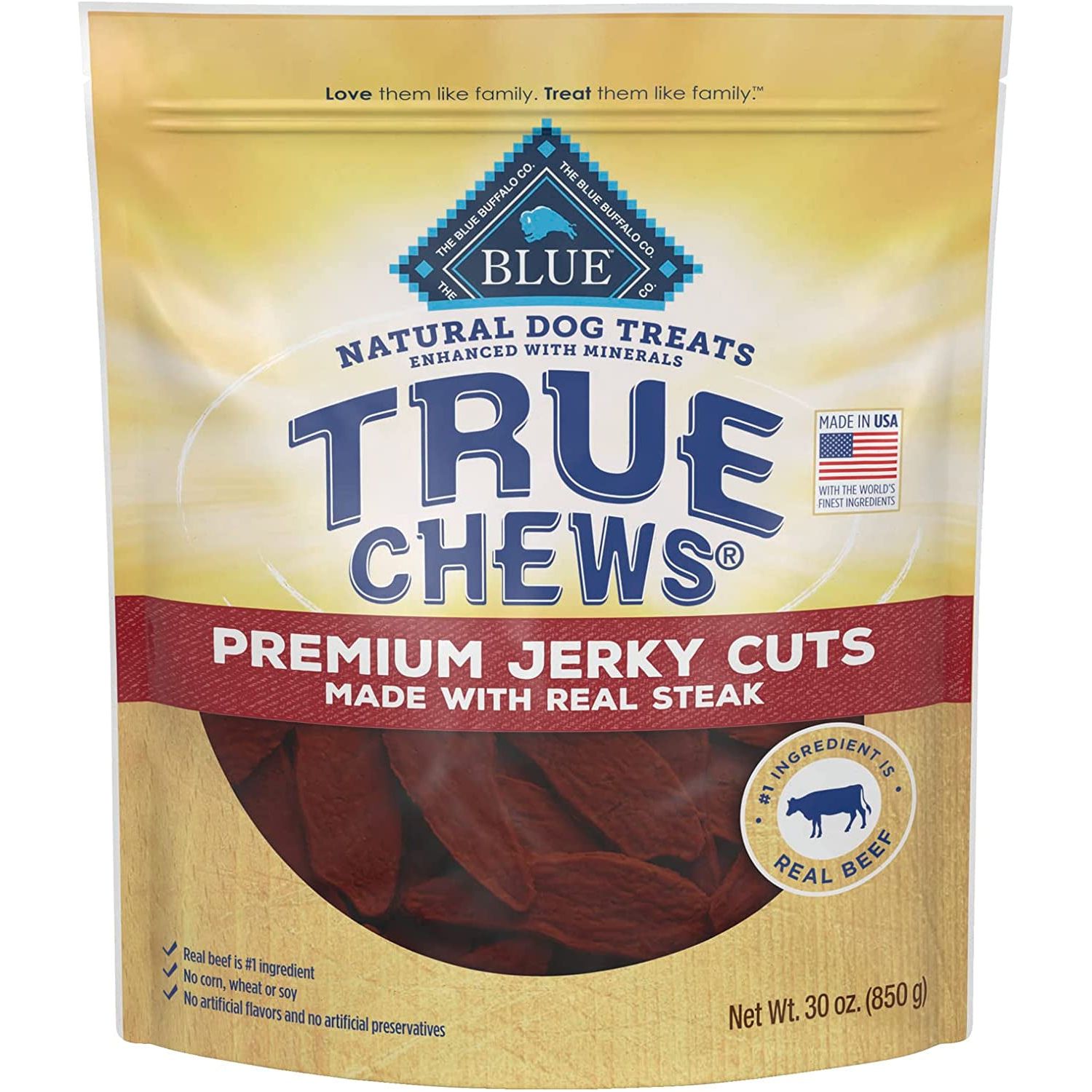 Blue Buffalo True Chews Premium Jerky Cuts Dog Treats, Made in the USA with Natural Ingredients and No Antibiotics Ever, Chicken, 4-Oz. Bag - HappyTails