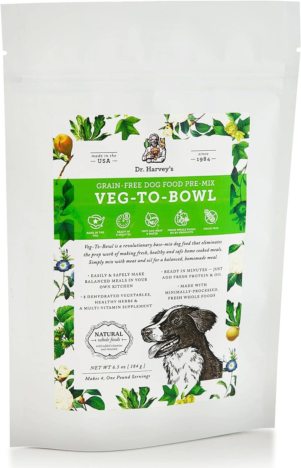 Dr. Harvey's Veg-To-Bowl Dog Food : a bowl filled with nutritious vegetarian dog food, made with fresh vegetables and other wholesome ingredients.