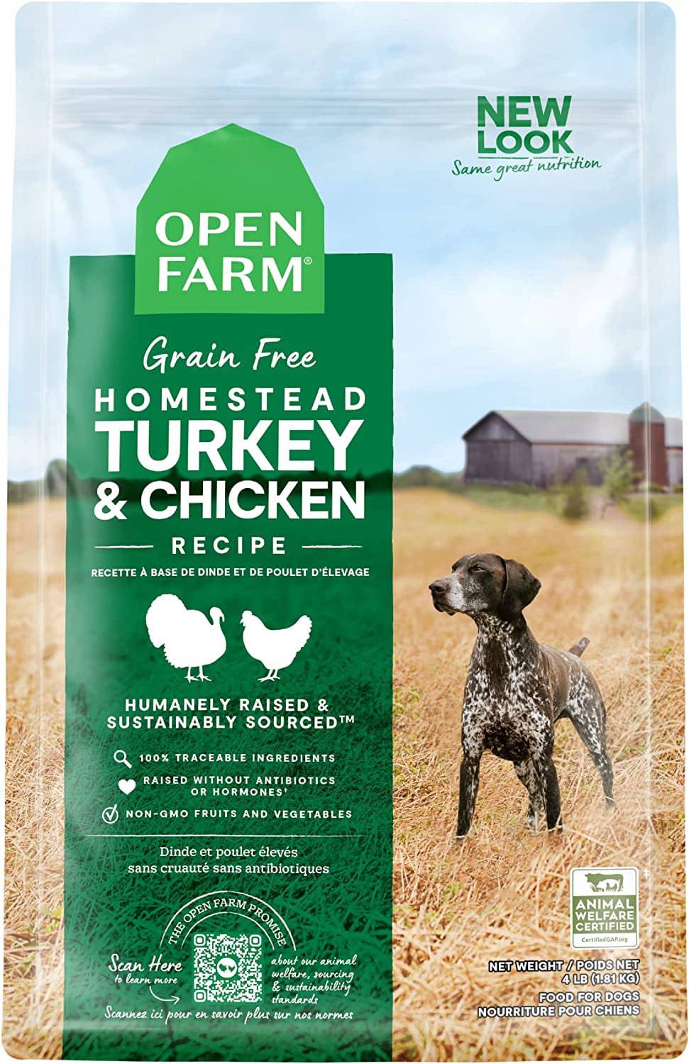 A bag of open farm grain free turkey and chicken dog food.