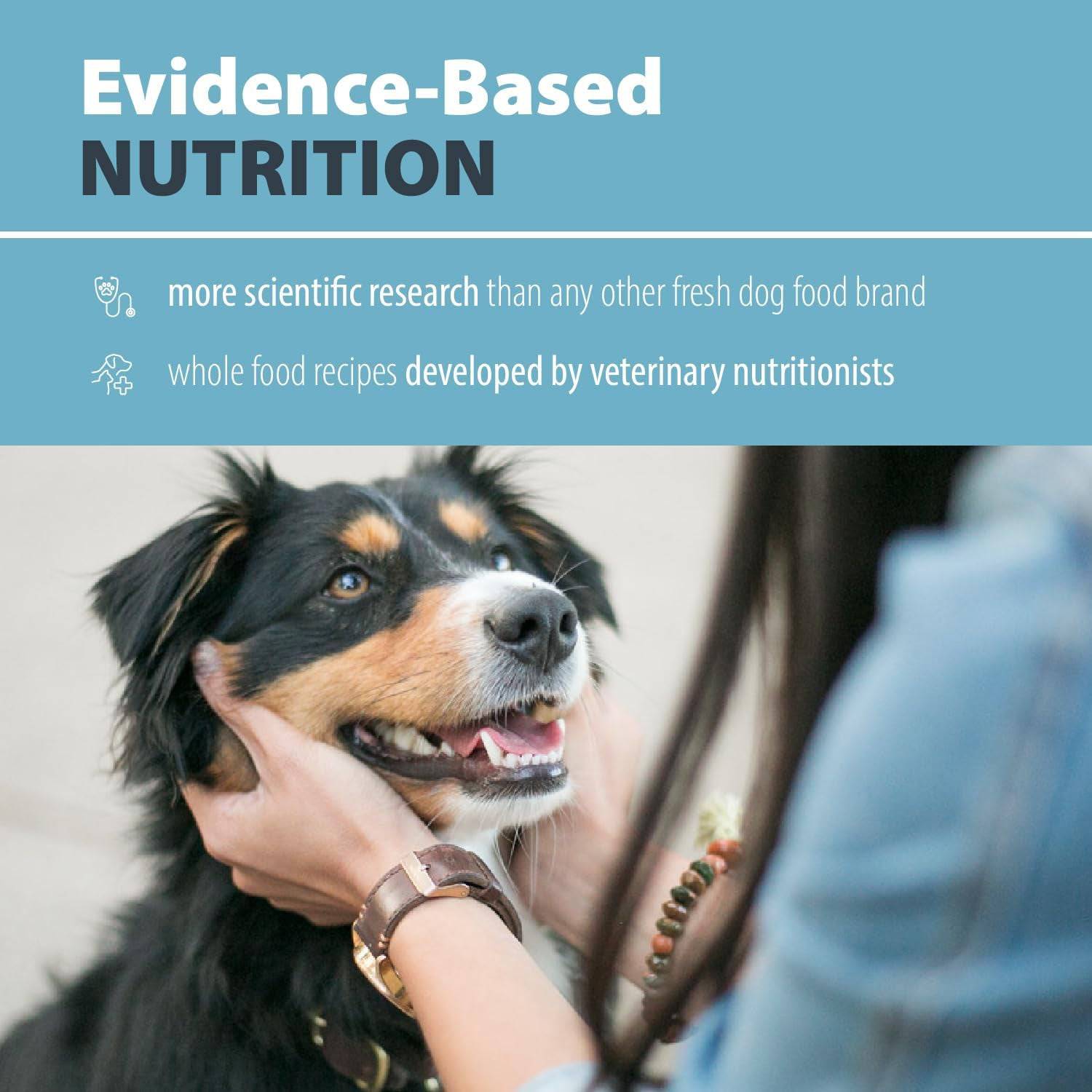 A joyful black and tan dog being petted by a person, with text overhead reading 'Evidence-Based NUTRITION' highlighting scientific research and whole food recipes developed by veterinary nutritionists.