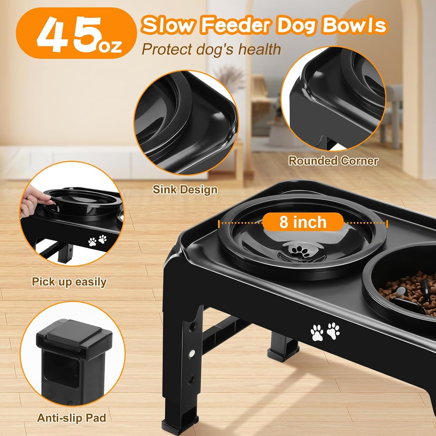 2-In-1 Elevated Dog Bowls Slow Feeder for Large Breed Medium Sized Dogs with No Spill Dog Water Bowl, 4 Height Adjustable Raised Dog Bowl Stand for Food and Water, Non-Slip Dog Feeder, Black