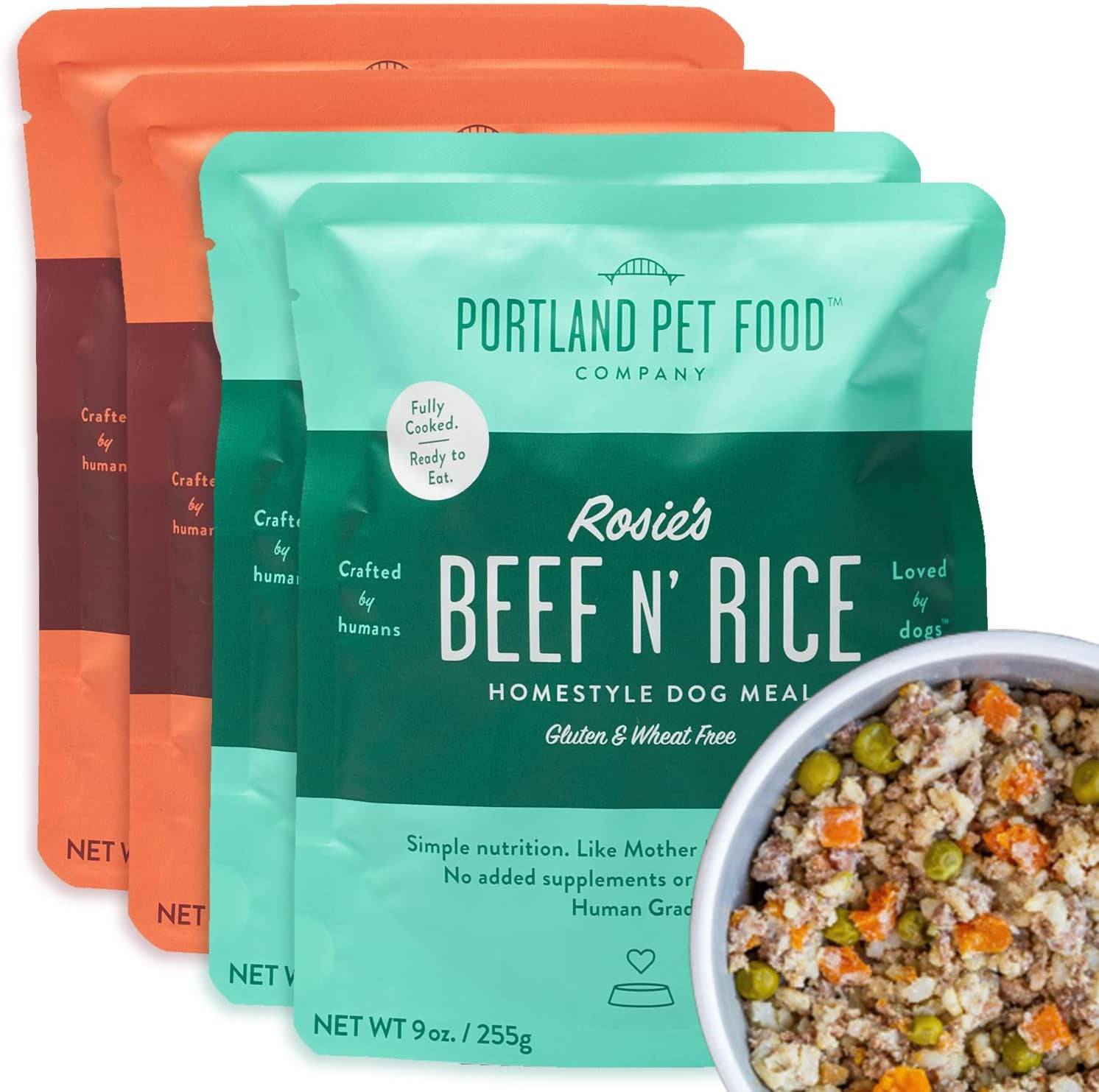 Front packaging of Portland Pet Food in multiple individual packs, featuring vibrant labels showcasing the wholesome ingredients within.