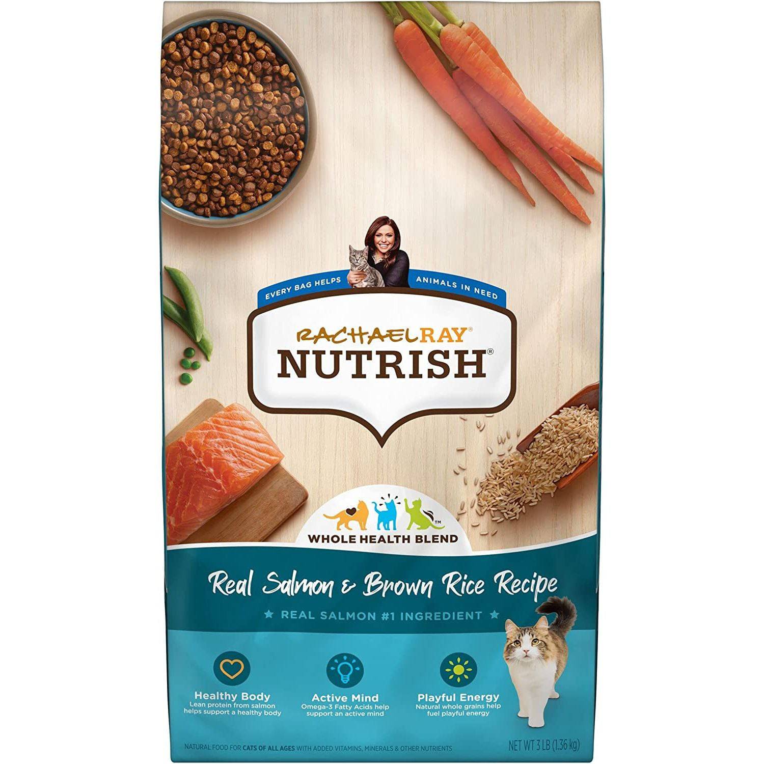 A bag of Rachael Ray Nutrish cat food with the flavor 'Real Salmon & Brown Rice Recipe' featuring icons for healthy body, active mind, and playful energy. The package has images of ingredients like salmon, brown rice, and carrots. The text states 'Whole Health Blend' and highlights real salmon as the number one ingredient. The net weight is 3 lb (1.36 kg). There is a statement that says 'every bag helps animals in need'.