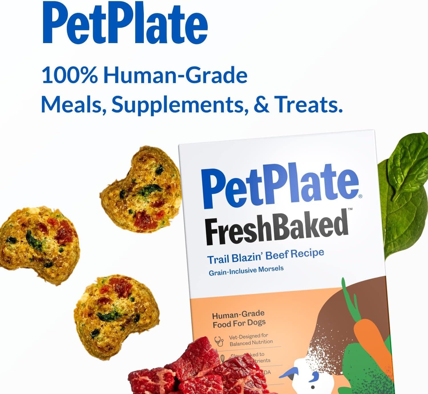 A timeline featuring information about PetPlate, a brand offering 100% human-grade meals, supplements, and treats for dogs.