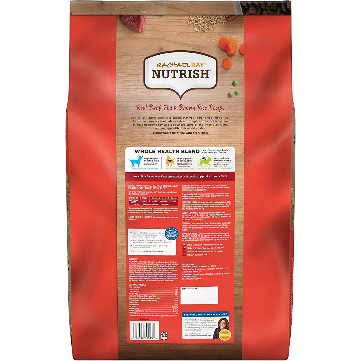 A bag of Rachael Ray Nutrish dog food with the flavor Real Beef, Pea, & Brown Rice Recipe. The left side is red with a wooden texture background on the right. The front label includes product details, nutritional information, and icons representing the Whole Health Blend. There are images of peas, carrots, and a small portion of brown rice at the top right corner.