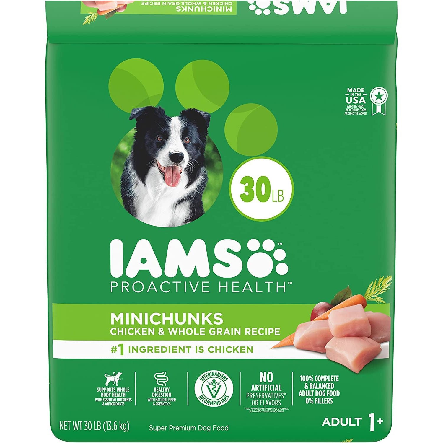 IAMS Adult Minichunks Small Kibble High Protein Dry Dog Food with Real Chicken, 30 Lb. Bag,(Packaging May Vary) - HappyTails