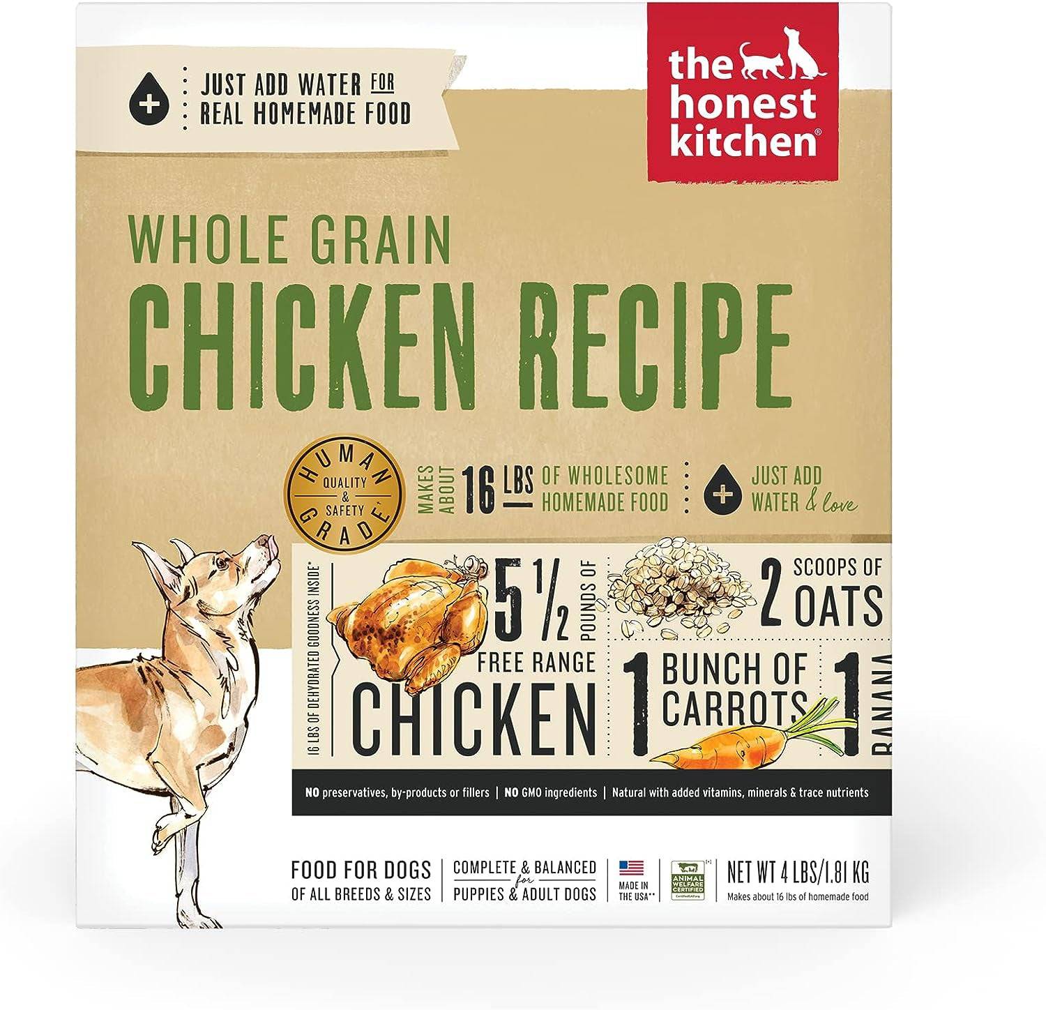 The Honest Kitchen Dog Food whole grain chicken recipe front packaging,4 lbs.