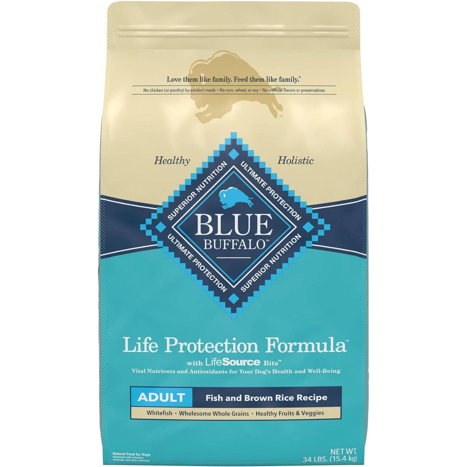 A bag of Blue Buffalo Life Protection Formula dry dog food for adults in the Fish and Brown Rice Recipe flavor.