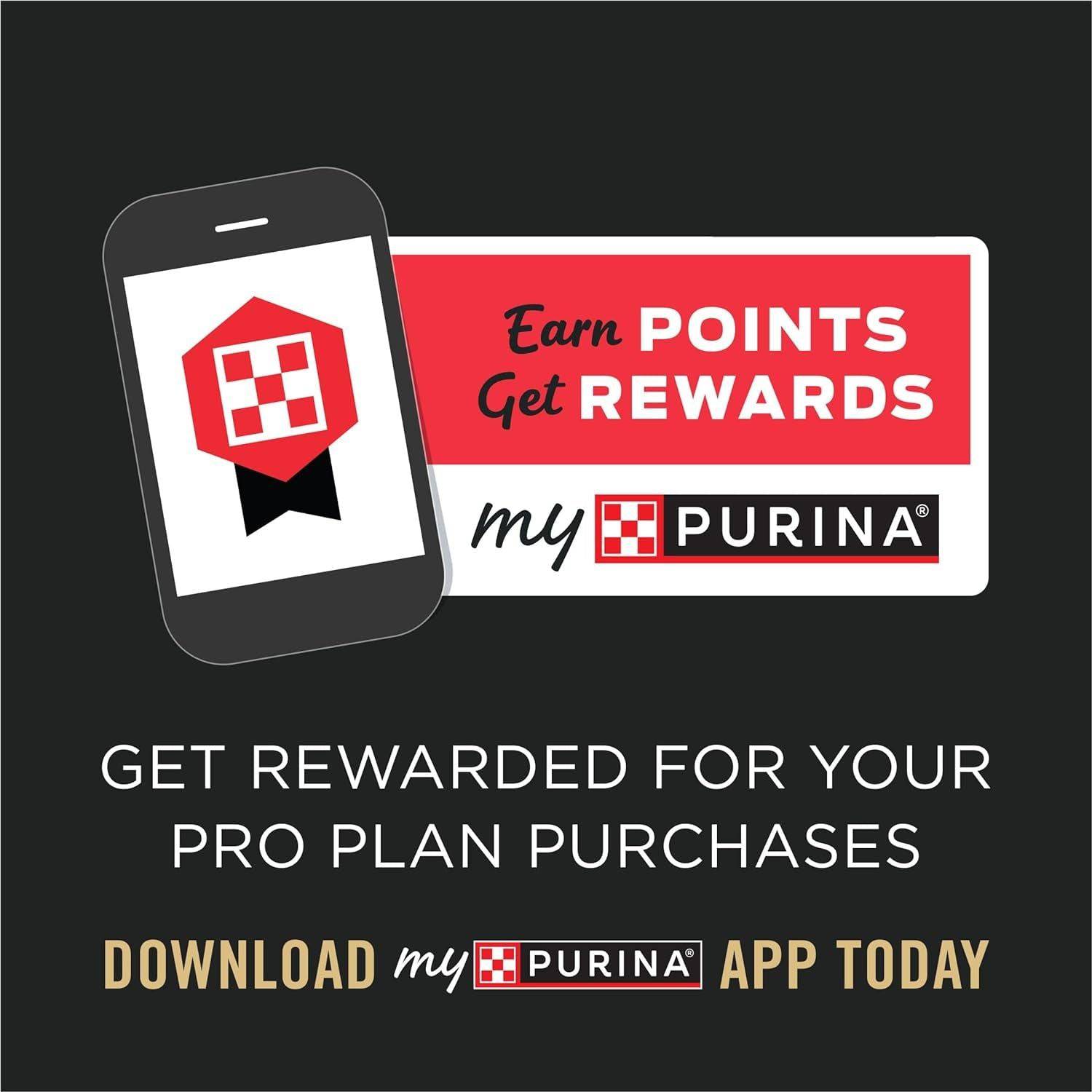 Advertisement promoting the "My Purina" app, which allows users to earn points and rewards for their pro plan purchases. The ad displays a smartphone with the app logo on the screen and encourages users to download the app today.