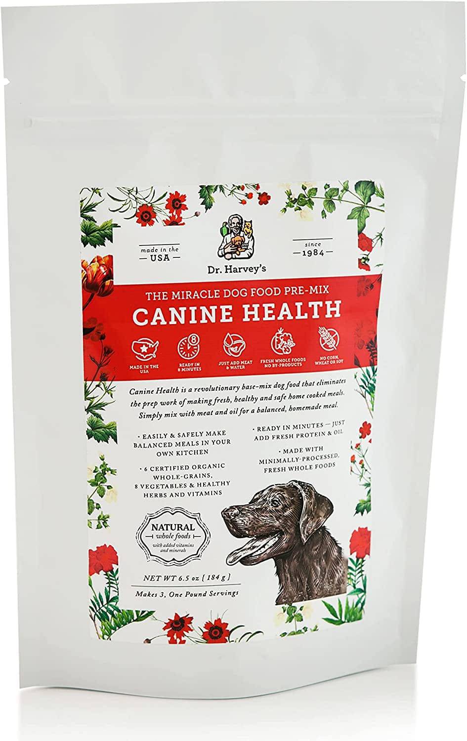 Dr. Harvey's Human Grade Dog Food packaged with red background, promoting its nutritious and delicious formula.