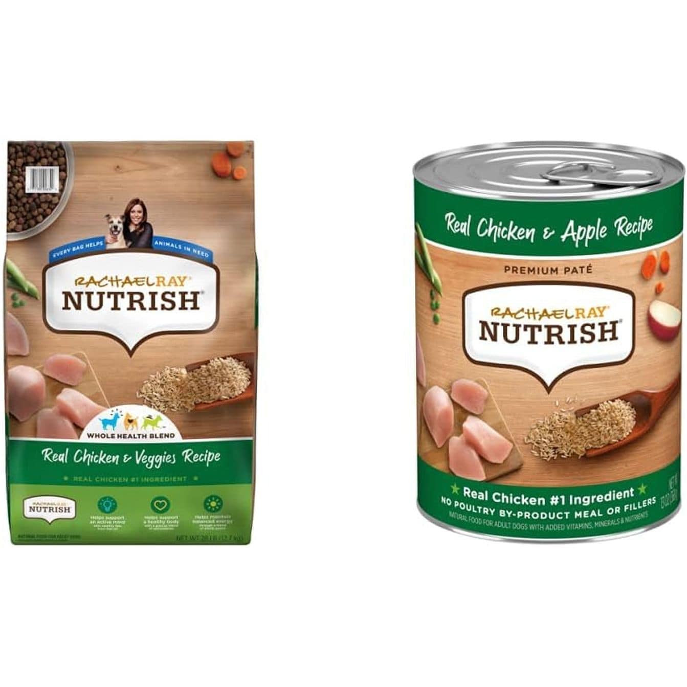 Two Rachael Ray Nutrish pet food products are displayed. On the left is a dry dog food bag labeled "Whole Health Blend" and "Real Chicken & Veggies Recipe." On the right is a canned dog food labeled "Real Chicken & Apple Recipe Premium Pate." Both products emphasize real chicken as the number one ingredient and contain images of fresh ingredients like chicken, apples, carrots, and peas around the packaging.