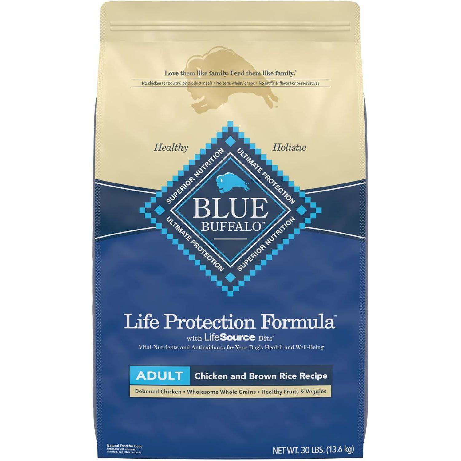 A bag of Blue Buffalo Life Protection Formula Adult Chicken and Brown Rice Recipe dog food with the brand's logo and a silhouette of a dog on the upper portion, and product information on the lower portion.