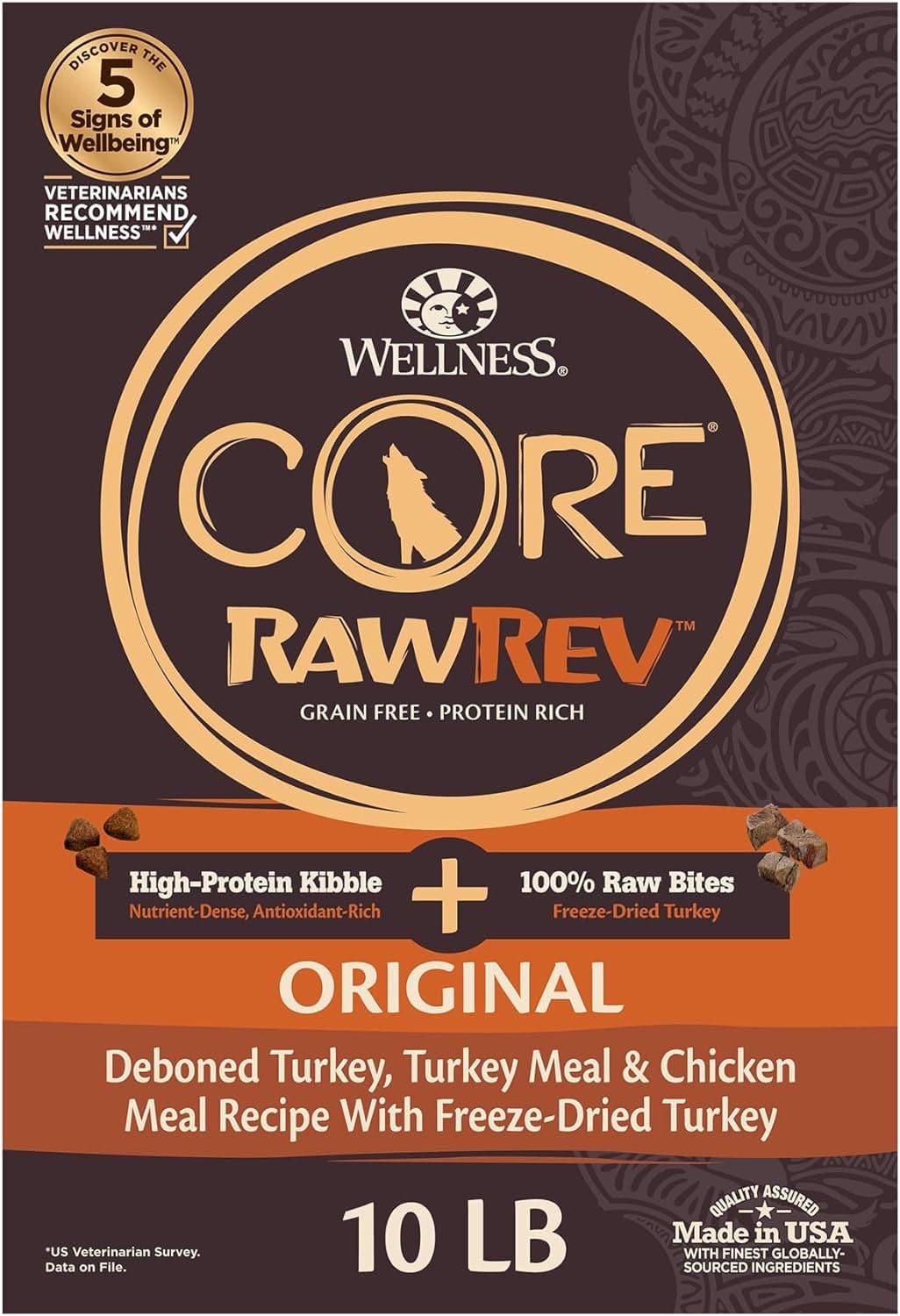 A brown and orange dog food bag with a wolf silhouette, the brand name "WELLNESS CORE" in bold letters, the words "RawRev Grain Free Protein Rich" below it, and text that reads "High-Protein Kibble + 100% Raw Bites Freeze-Dried Turkey" above the product name "ORIGINAL Deboned Turkey, Turkey Meal & Chicken Meal Recipe With Freeze-Dried Turkey" on a 10-pound bag. The label also has emblems stating "Veterinarians recommend wellness" and "Made in USA with finest globally-sourced ingredients".