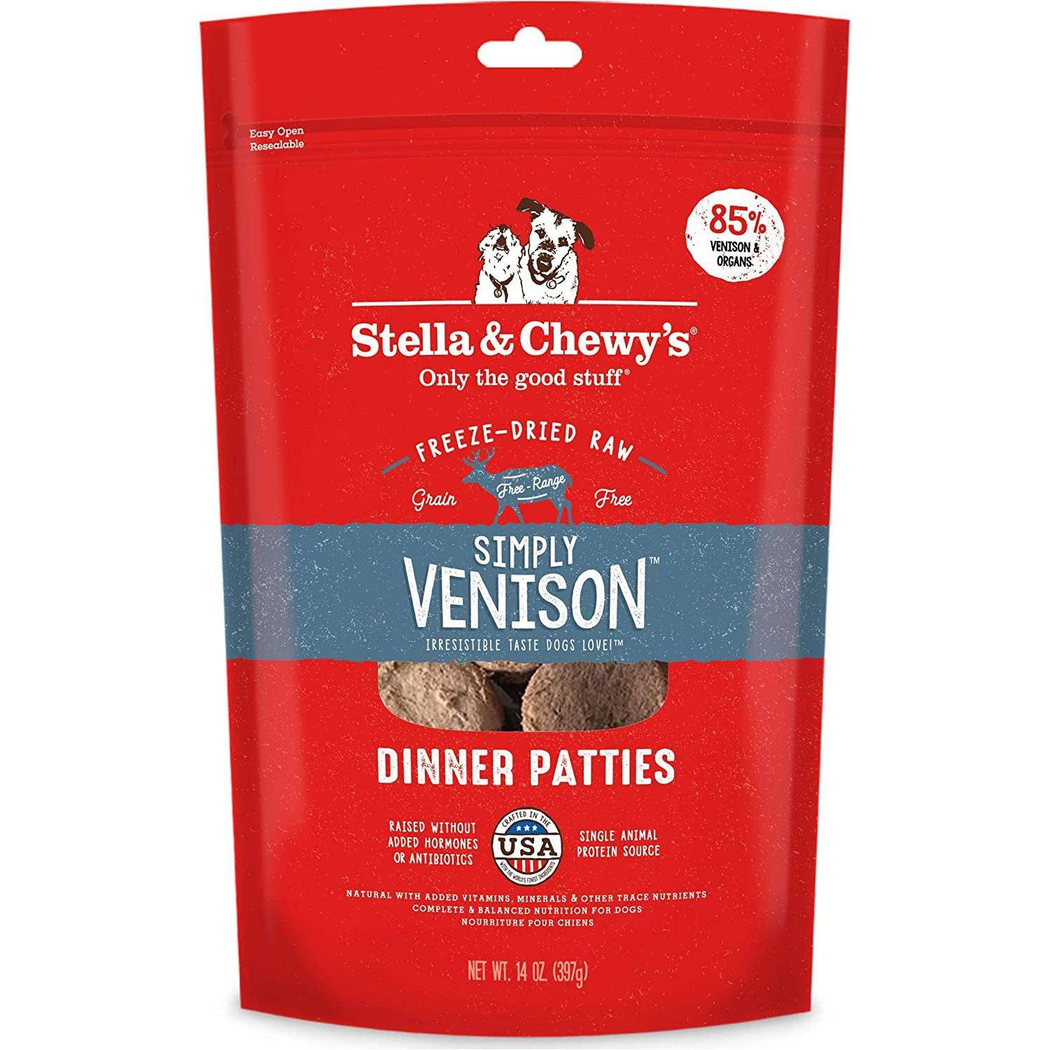 A red package of Stella & Chewy's freeze-dried raw venison dinner patties for dogs with the label stating 85% venison and organs, grain-free, raised without added hormones or antibiotics, and made in the USA.