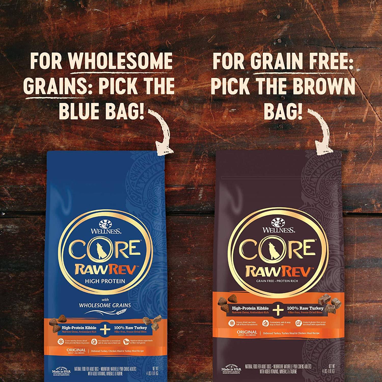 Two bags of Wellness Core RawRev dog food on a wooden background. The left bag is blue with the text "For Wholesome Grains: Pick the blue bag!" above it and the right bag is brown with the text "For Grain Free: Pick the brown bag!" above it. The blue bag is labeled "RAWREV High Protein with Wholesome Grains" and the brown bag is labeled "RAWREV Grain Free, Protein Rich". Both bags have an orange label at the bottom with "High-Protein Kibble + 100% Raw Turkey" and "Original" written on it.