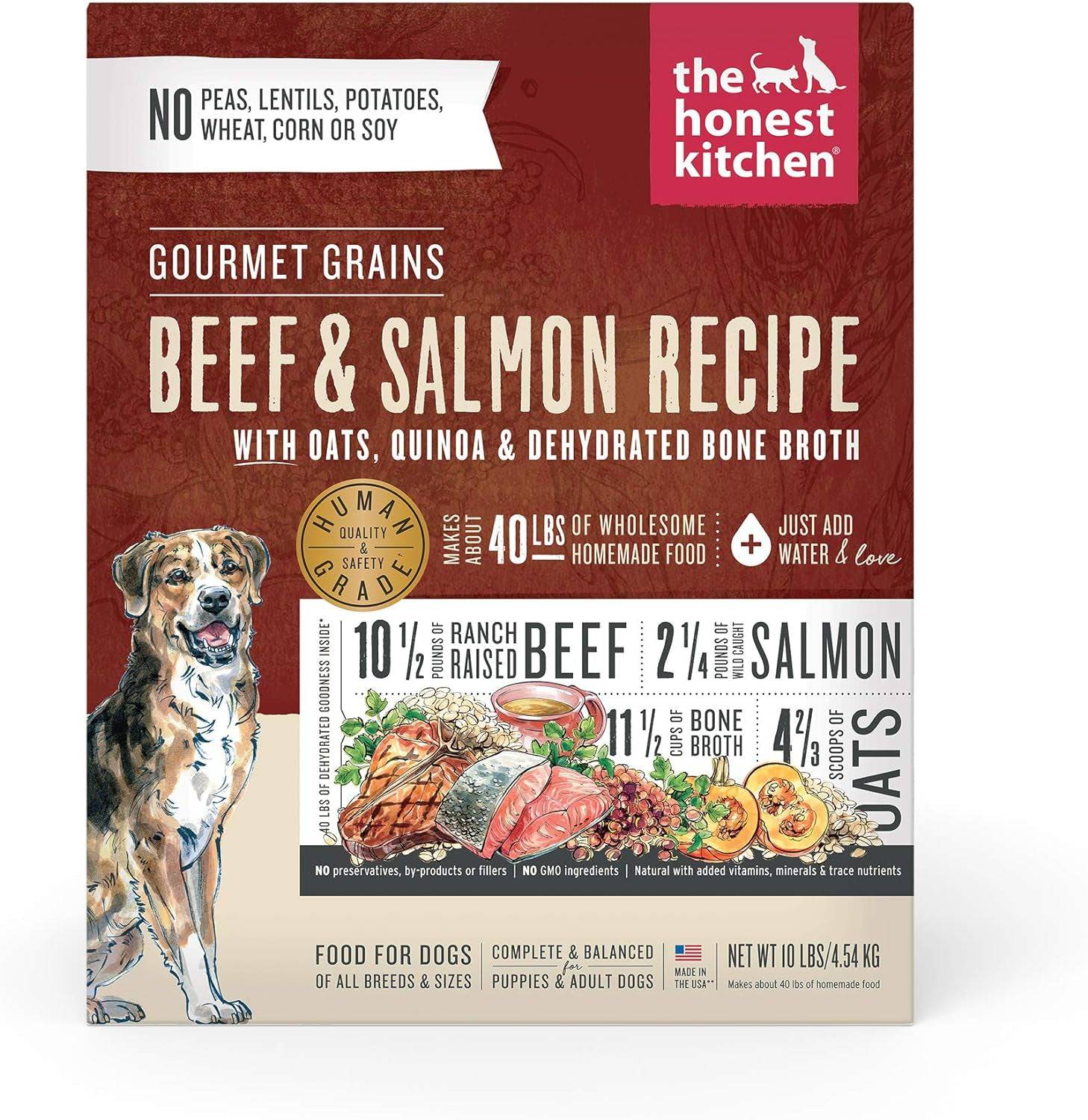 The Honest Kitchen Dog Food gourmet grain beef and salmon recipe front packaging,10 lbs.