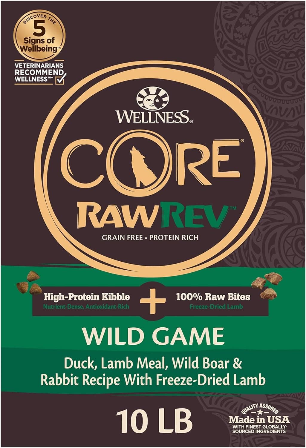 A 10-pound bag of Wellness Core RawRev Grain Free High-Protein Kibble and 100% Raw Freeze-Dried Lamb Bites for dogs with a Wild Game recipe including Duck, Lamb Meal, Wild Boar, and Rabbit, made in the USA.