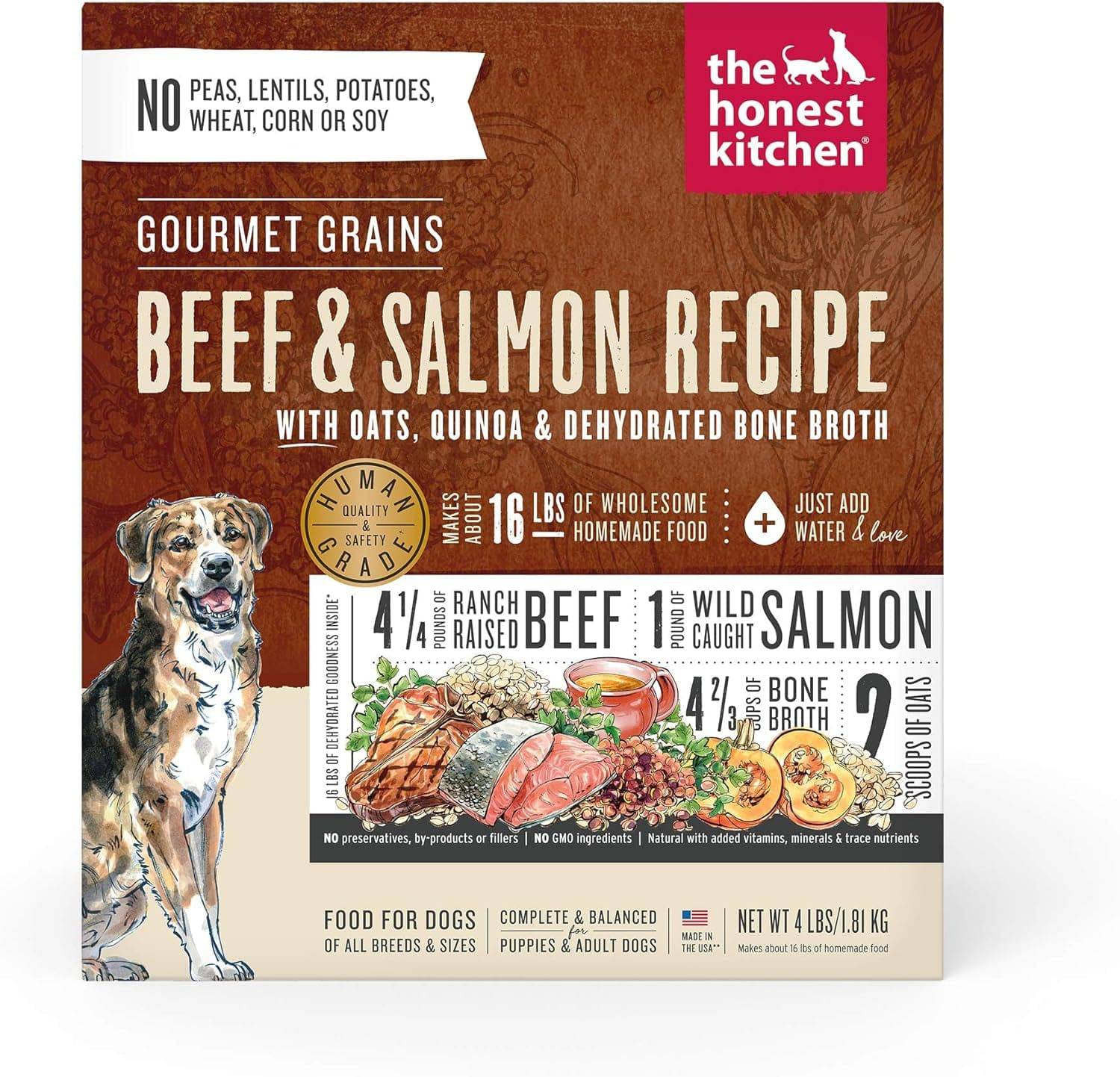 The Honest Kitchen Dog Food gourmet grain beef and salmon recipe front packaging,4 lbs.