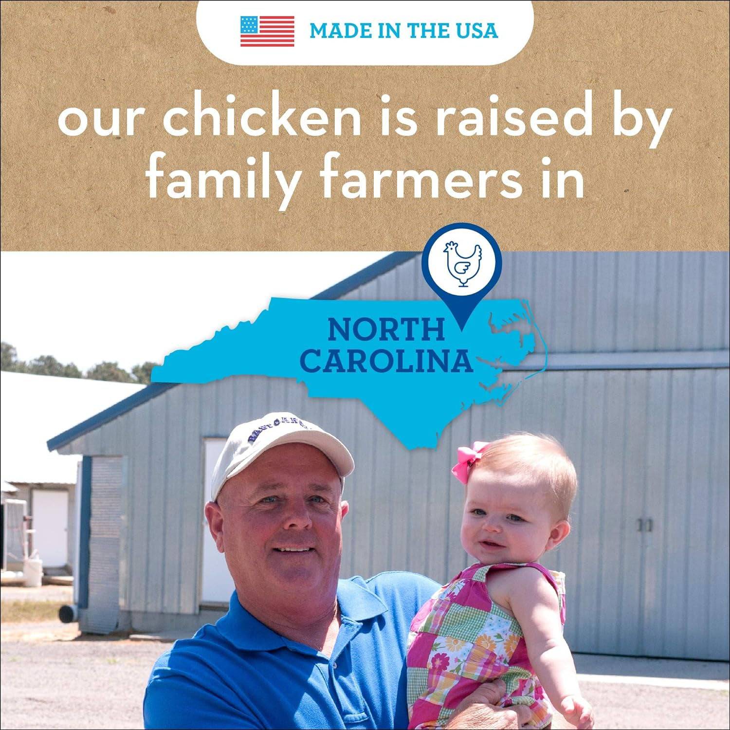 A statement banner titled 'Our Chicken is Raised by Family Farmers in North Carolina