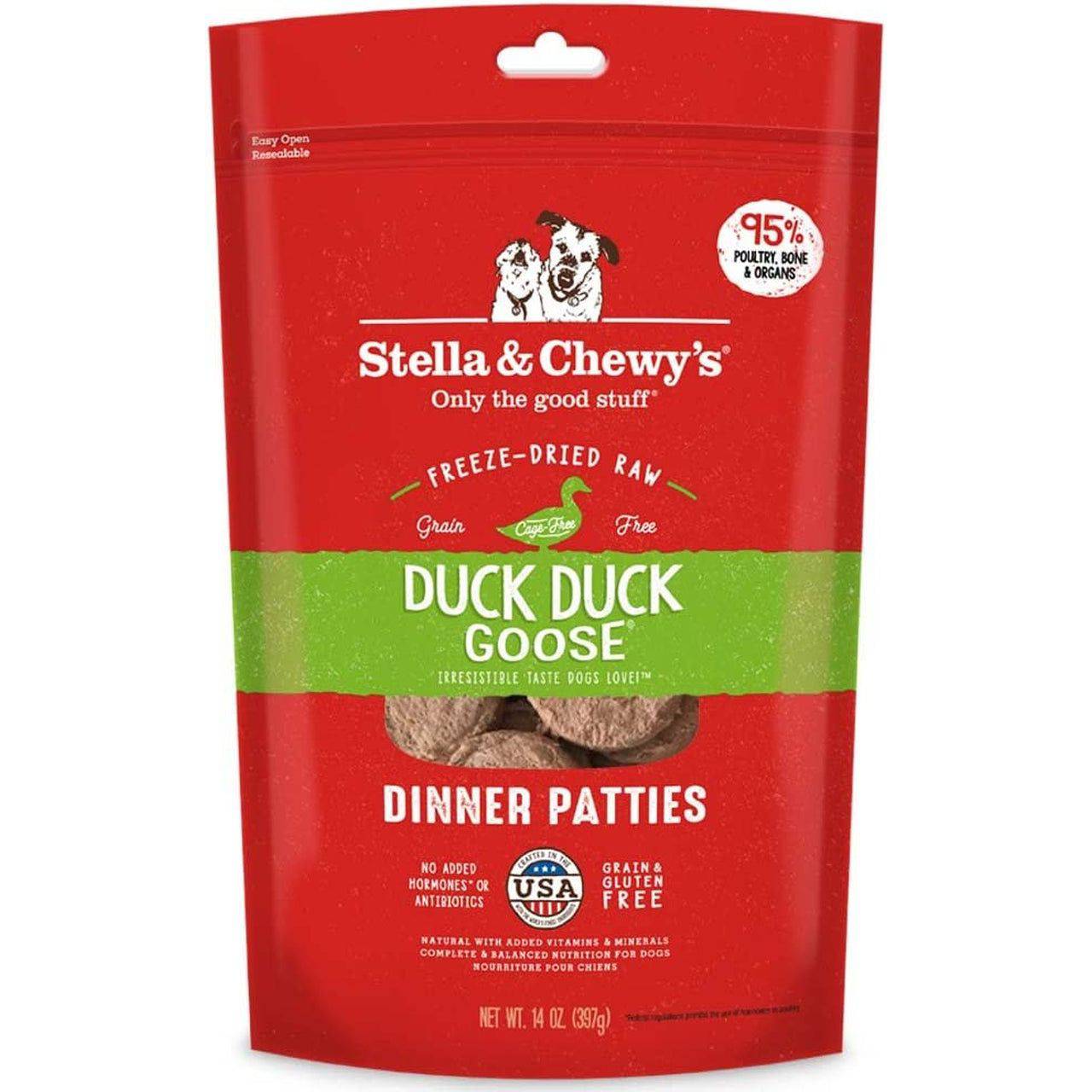 A red package of Stella & Chewy's Duck Duck Goose Dinner Patties for dogs with a green band in the middle stating it is grain-free and cage-free, with 95% poultry, bone, and organs. The package also notes it is made in the USA, contains no added hormones or antibiotics, and is grain and gluten-free. The net weight is 14 oz (397g).