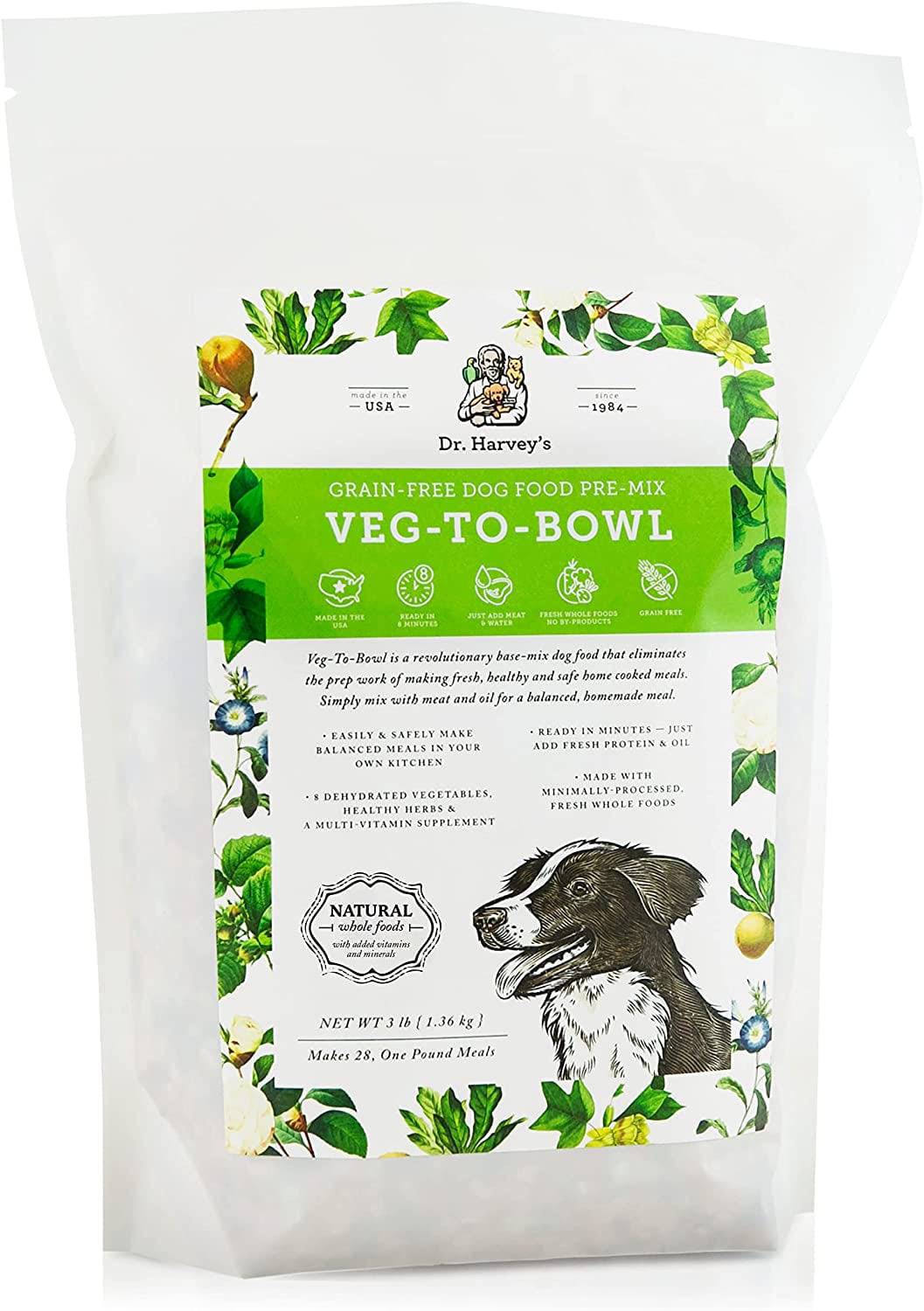 Dr. Harvey's Veg-To-Bowl Veg to Bowl dog food: a bowl filled with nutritious vegetarian dog food, made with fresh vegetables and other wholesome ingredients.