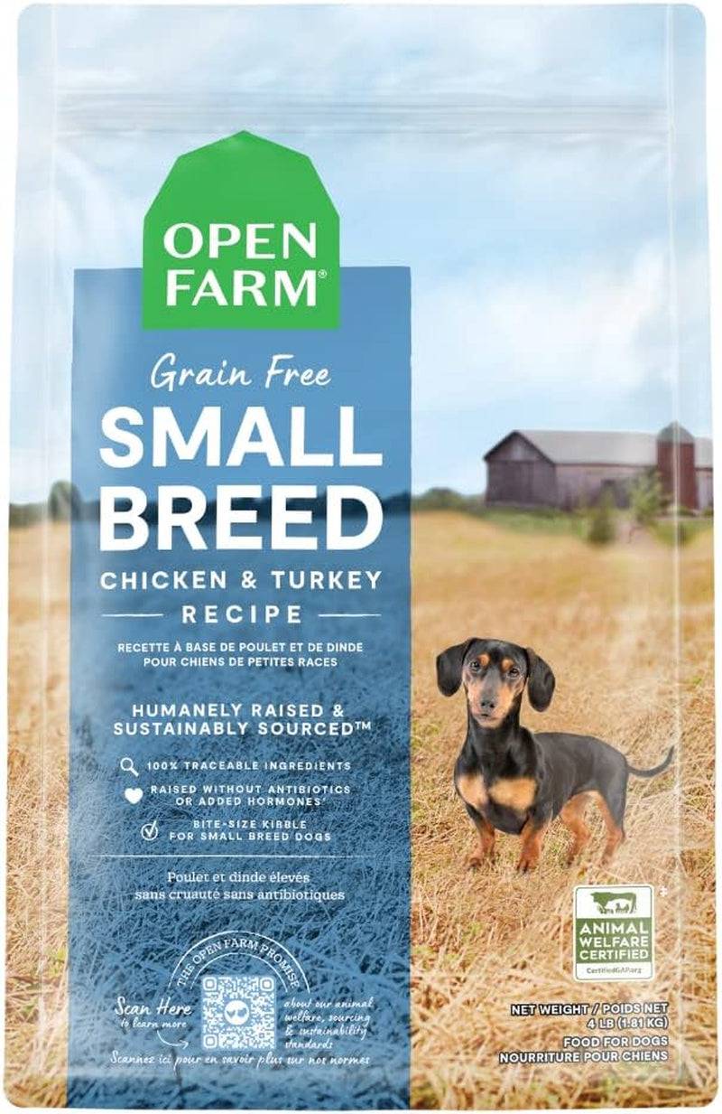 A bag of open farm small breed chicken and turkey dog food, ideal for small dogs with high-quality ingredients.