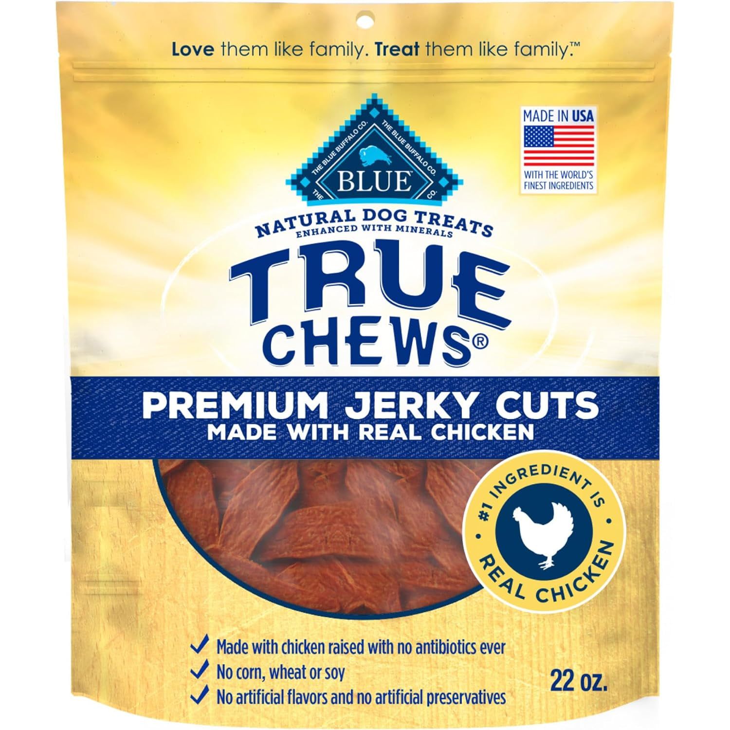 Blue Buffalo True Chews Premium Jerky Cuts Dog Treats, Made in the USA with Natural Ingredients and No Antibiotics Ever, Chicken, 4-Oz. Bag - HappyTails