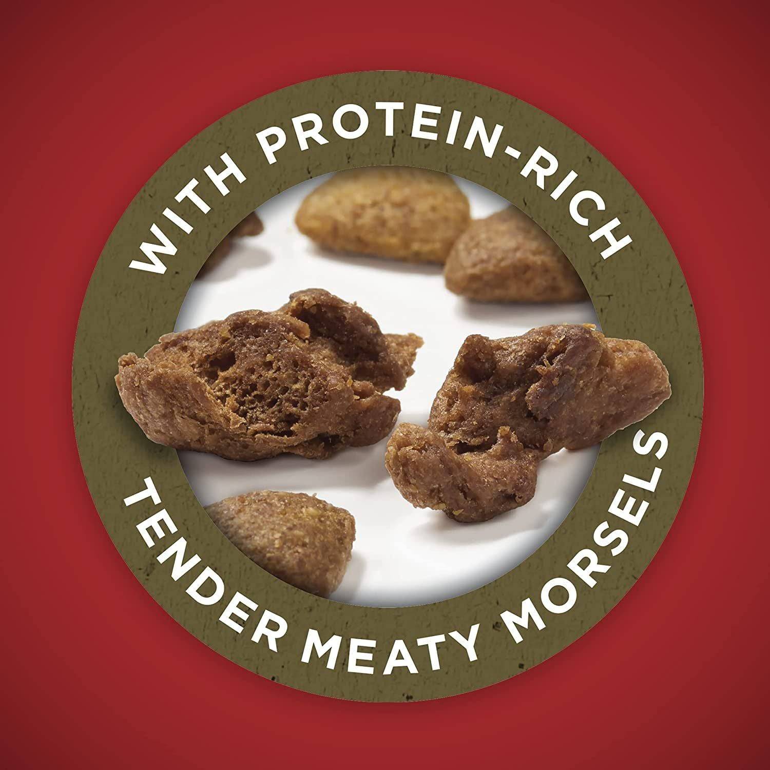 A circular frame with text that reads "With Protein-Rich Tender Meaty Morsels" enclosing an image of various chunks of brown, textured meat-like food pieces on a white background. The outer edge of the frame is red.