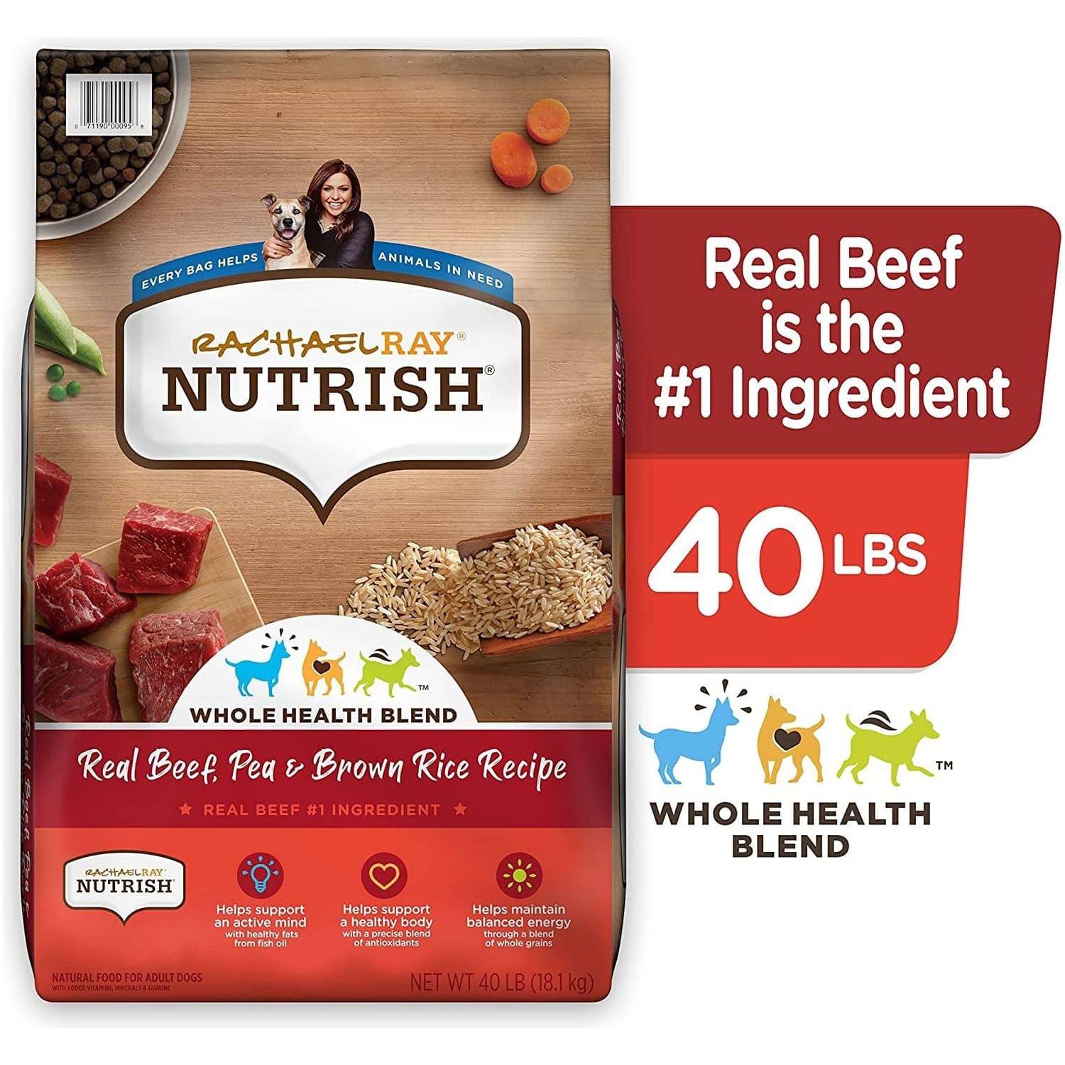 A bag of Rachael Ray Nutrish Whole Health Blend dog food, with the texts "Real Beef is the #1 Ingredient" and "40 LBS." The bag highlights that it contains Real Beef, Pea & Brown Rice Recipe and mentions it is a natural food for adult dogs. There are icons indicating the food helps support healthy organs with fish oils, an active body with antioxidants, and balanced energy with a blend of whole grains.