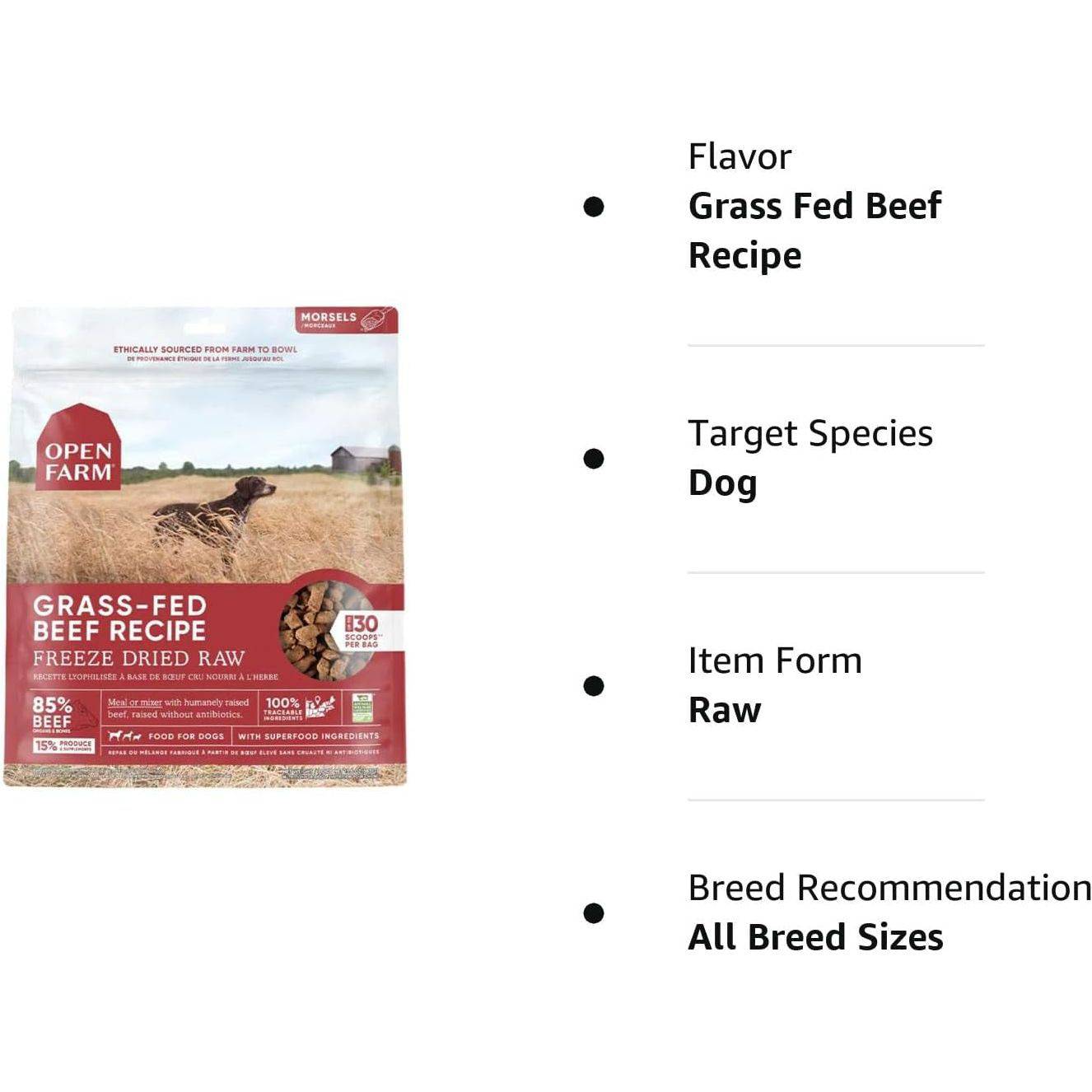 Open Farm Freeze Dried Raw Dog Food, Humanely Raised Meat Recipe with Non-Gmo Superfoods and No Artificial Flavors or Preservatives (13.5 Ounce (Pack of 1), Grass Fed Beef Recipe)