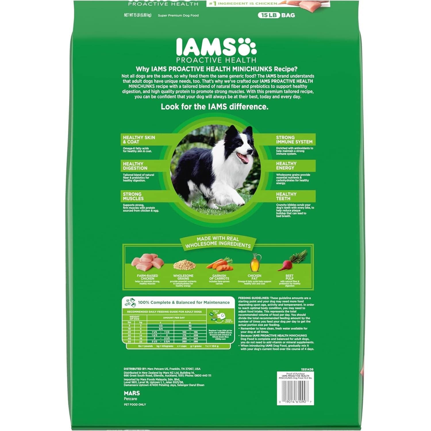 Back of IAMS Proactive Health Minichunks dry dog food bag with green design and information on the benefits of the product for healthy skin and coat, healthy digestion, strong muscles, strong immune system, healthy energy, and healthy teeth. Includes images of wholesome ingredients such as farm-raised chicken, wholesome grains, garden vegetables, and fruits.