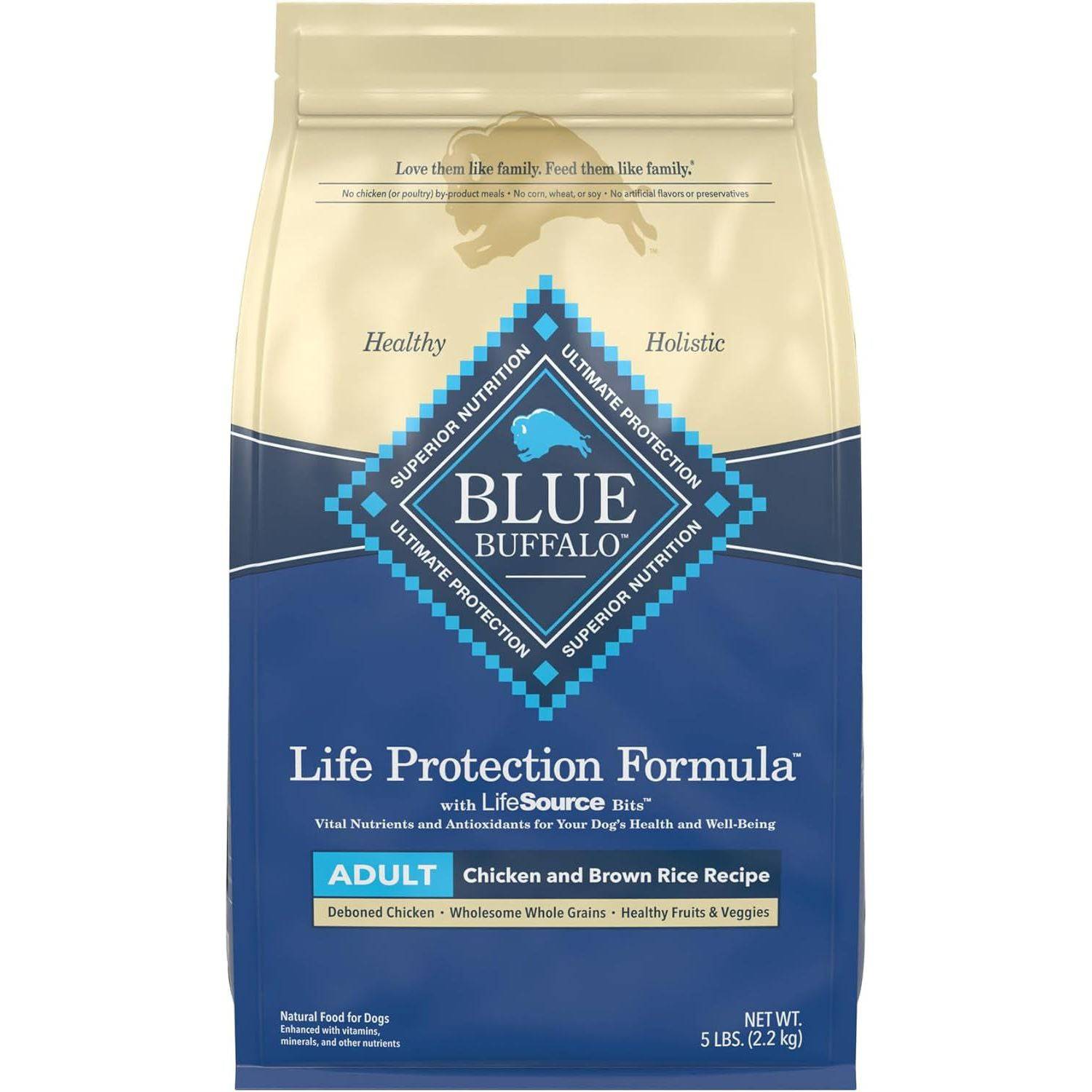 A bag of Blue Buffalo Life Protection Formula dry dog food for adults with chicken and brown rice recipe. The package is blue and beige with white and yellow text.