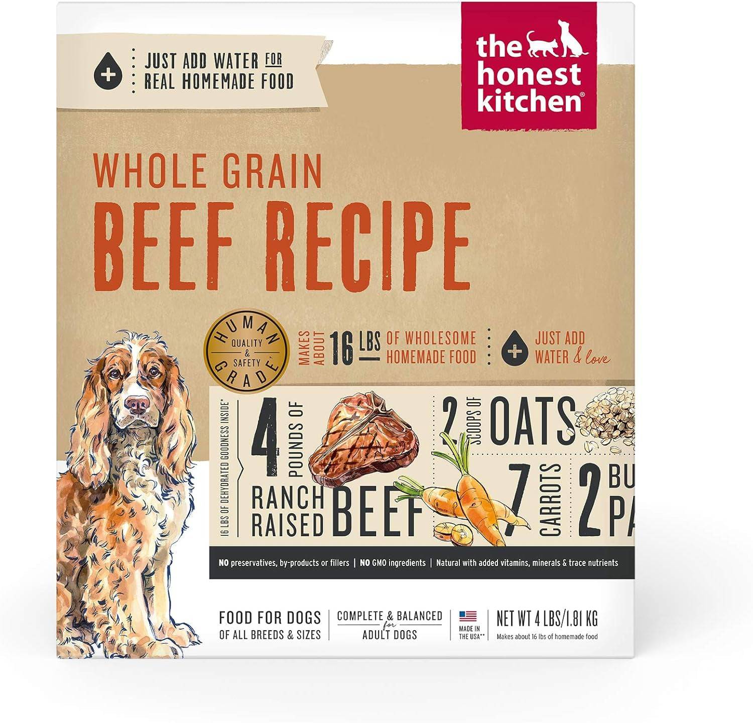 The Honest Kitchen Dog Food whole grain beef recipe front packaging,4lbs.