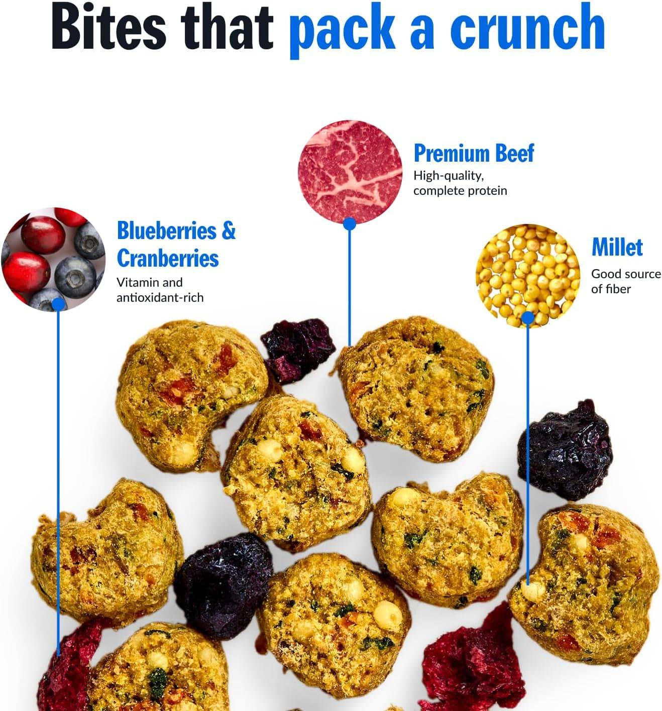 The content shows a group of cookies that pack a crunch and contain premium beef, high-quality complete protein, blueberries, cranberries, millet, vitamin, antioxidant-rich, and fiber.