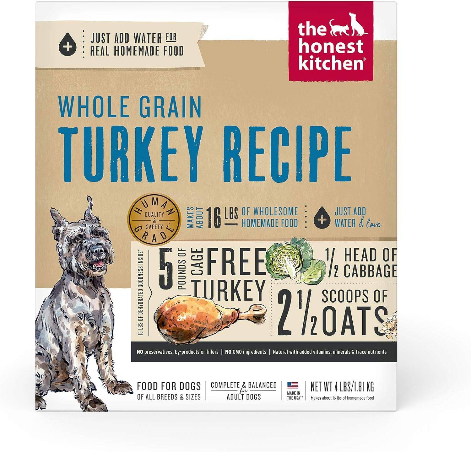 The Honest Kitchen Dog Food whole grain turkey recipe front packaging.