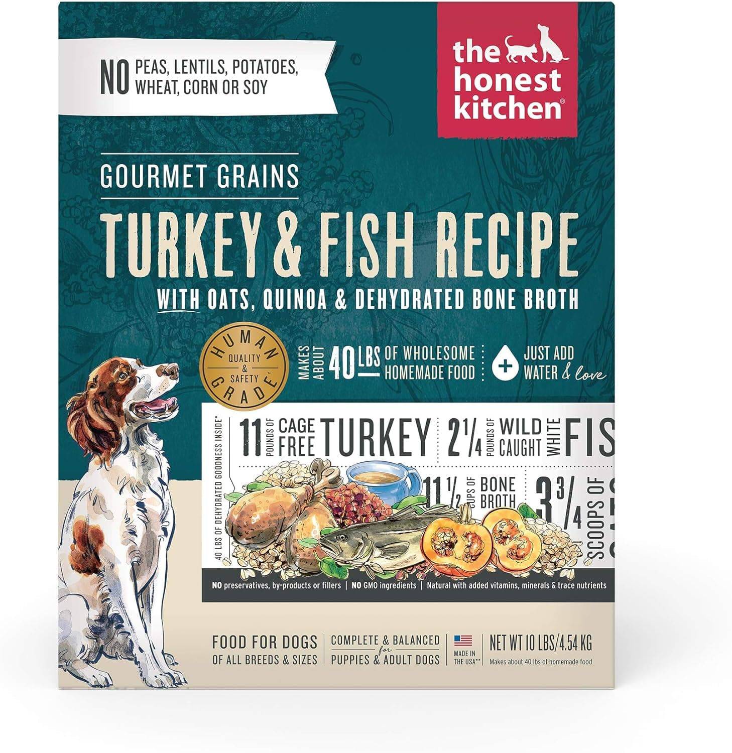 The Honest Kitchen Dog Food gourmet grain turkey and fish recipe front packaging,10lbs.