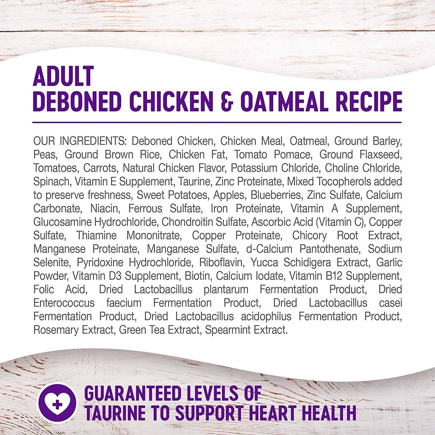 A label of adult deboned chicken and oatmeal recipe dog food listing ingredients such as deboned chicken, chicken meal, oatmeal, ground barley, peas, and various vitamins and supplements, with a claim of guaranteed levels of taurine to support heart health.