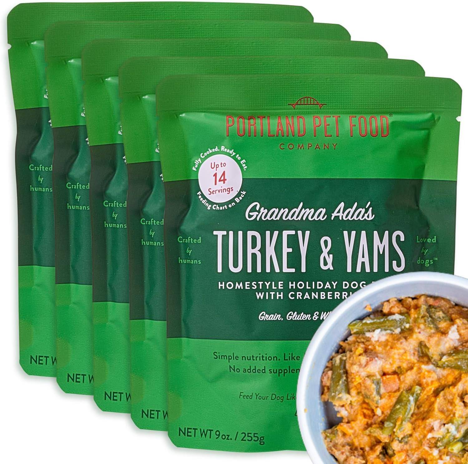 Front packaging of Portland Pet Food in multiple individual packs, featuring vibrant labels showcasing the wholesome ingredients within.