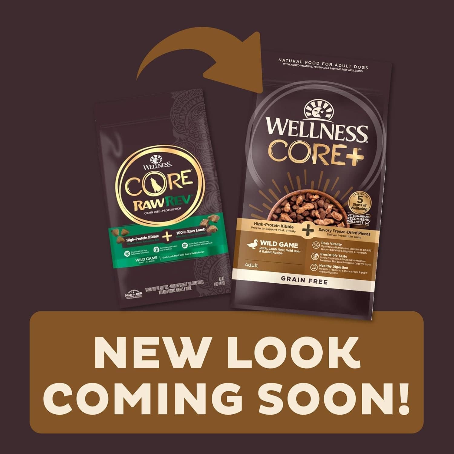 Two bags of Wellness Core RawRev dog food with an arrow pointing from the old design on the left to the new design on the right, with text that says "New Look Coming Soon!"